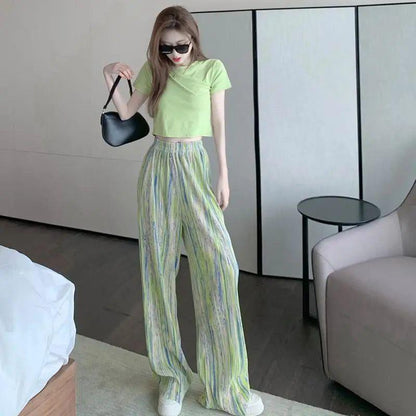 Women Vintage Thin Wide Leg Streetwear Pants Tie Dyed Pleated Straight Pants Loose Versatile Slim Long Pants