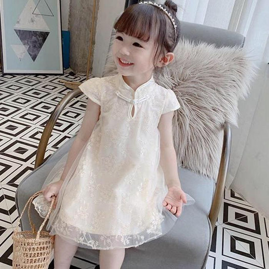 Children Dress Spring Summer Broken Flower Kids Clothing  Baby Girls Clothing Yarn Sleeveless Cheongsam Dress Girl