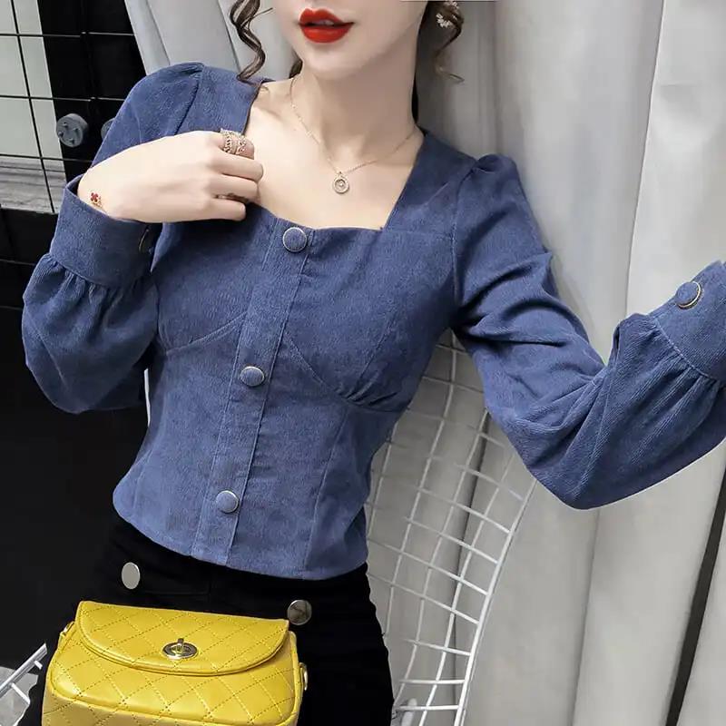 Women's Spring and Autumn Long Sleeve Square Collar Loose Solid Color Short Top
