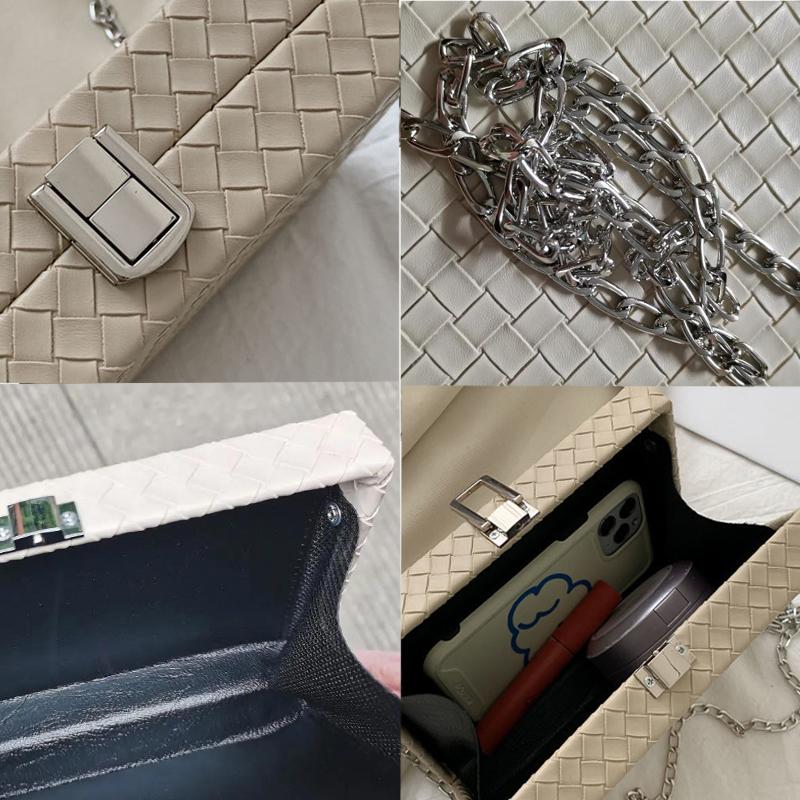 Women Box Bag Print Casual Clutch Purse Shoulder Crossbody Bags Weave Pattern Metal Chain Pu Leather