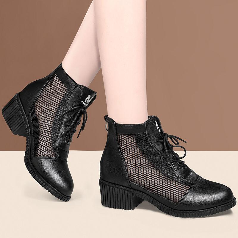 Ladies Mesh Breathable Cool Boots Spring and Autumn Middle Heel Lace Back Zipper Hollow Single Boots Thick Heel Martin Boots Women