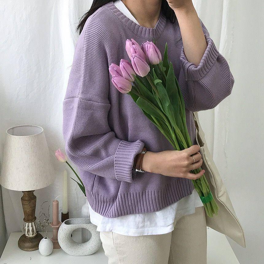 Pofulove 3 Colors Girly Warm Long Sleeve O-Neck Loose Knitted  Blouse Sweet Simple Color Sweaters