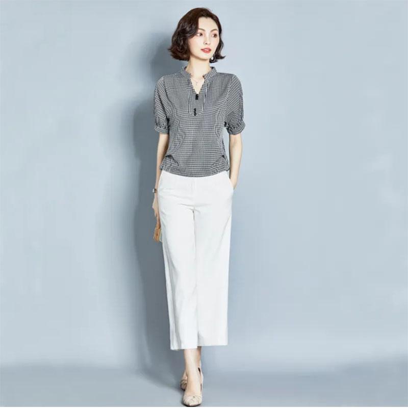 Short-sleeved Plaid Chiffon Shirt Women's Niche Design V-neck  Belly-covering Shirt