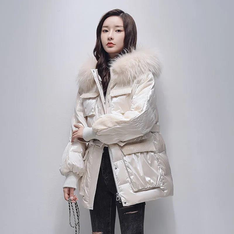 Winter Hooded Down Jacket Women Bright Face Mid-length Large Fur Collar White Duck Down Thick Coat