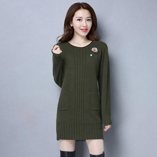 Women's Long Knit Sweater Winter Loose Pullover Sweater Turtleneck Thick Sweater Skirt with Pockets