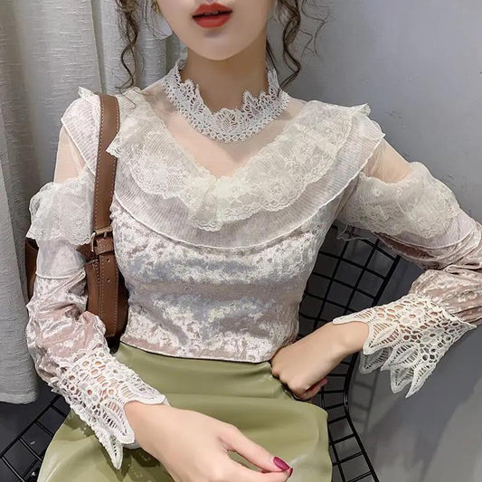 Half Turtleneck Gold Velvet Lace Bottoming Shirt Spring Fashion Halter Mesh Ladies Long Sleeve Top