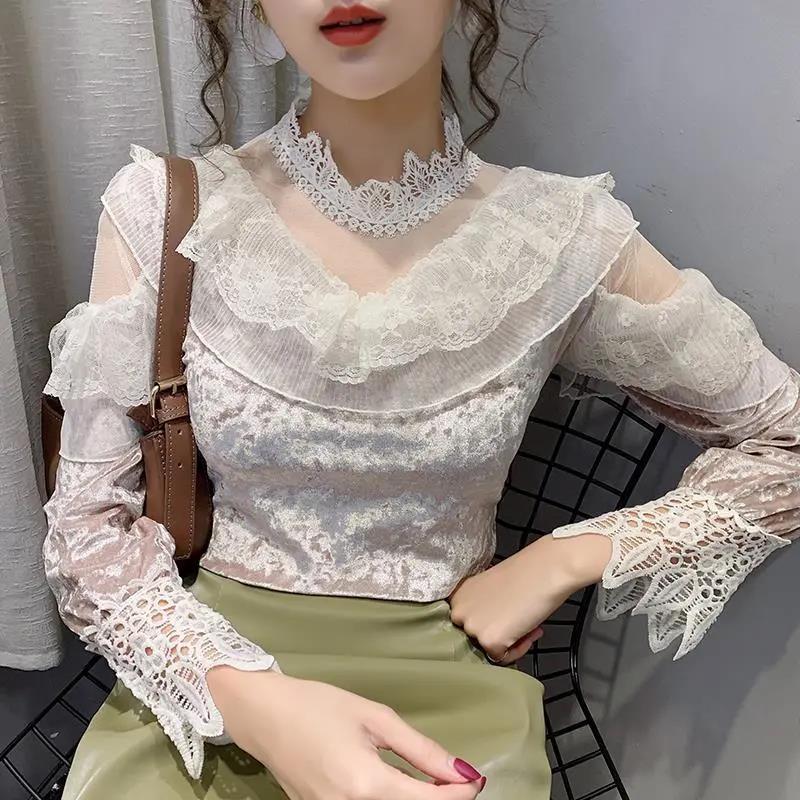 Half Turtleneck Gold Velvet Lace Bottoming Shirt Spring Fashion Halter Mesh Ladies Long Sleeve Top