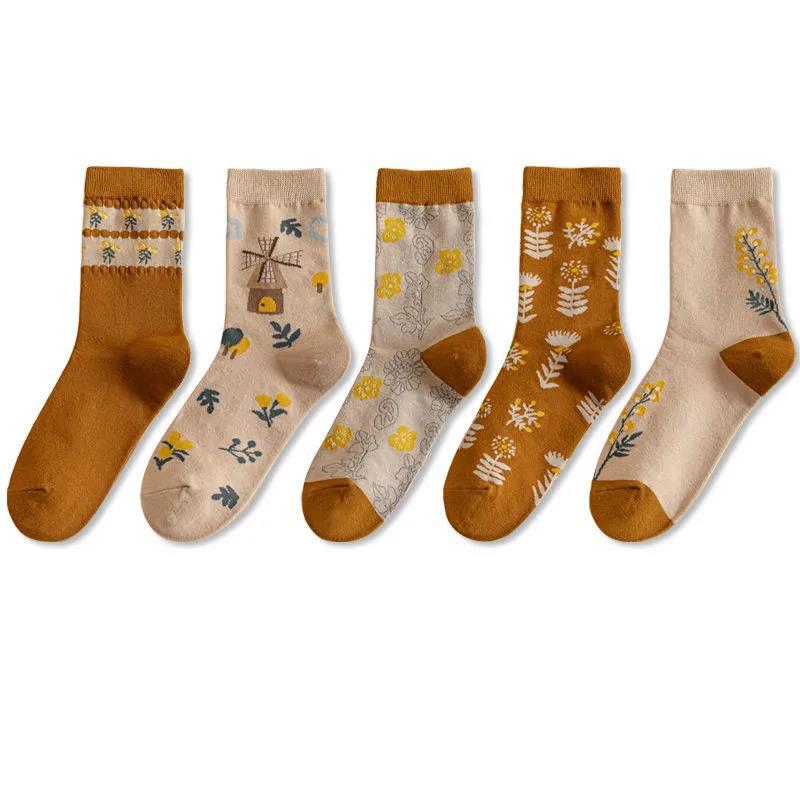 Five Pairs of Women's Socks Fashion Print Cartoon Pattern Socks Winter Thick Warm Pile Pile Socks