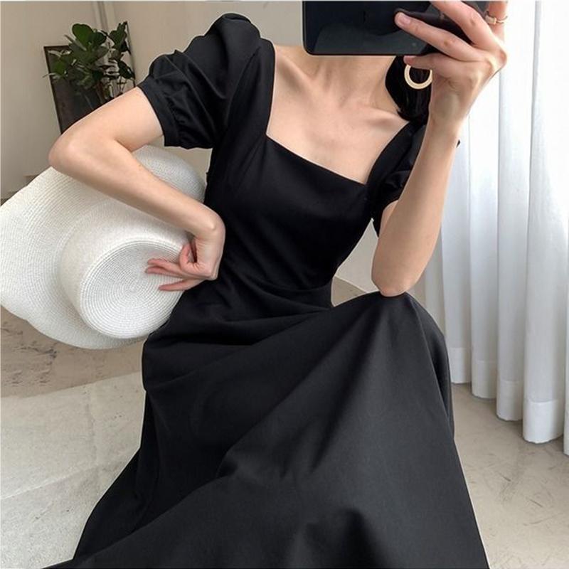Sexy Black Woman Square Collar Puff Short Sleeves Mid-calf Dress Wedding Part