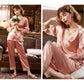 Women's Spring Autumn Long Sleeve Pajamas Set Luxury Ice Silk Sexy V Neck Lace Pyjamas Simulated Silk Sleeping Suit Silky Large Size Homewear Set