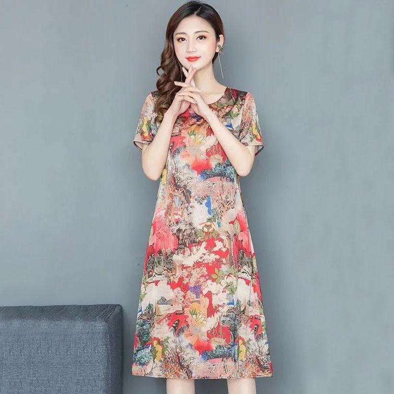 Summer Ice Silk Cool Dress Casual Comfortable Dress Ethnic Short Sleeve Dresses Plus Size Loose for Women