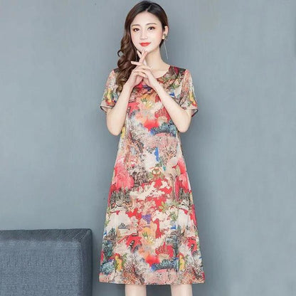 Summer Ice Silk Cool Dress Casual Comfortable Dress Ethnic Short Sleeve Dresses Plus Size Loose for Women