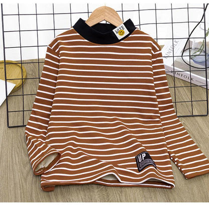 Girls Striped Bottoming Shirt Plush Thick Warm Clothing Wear A Long-sleeved Half-high Collar Top In Autumn and Winter