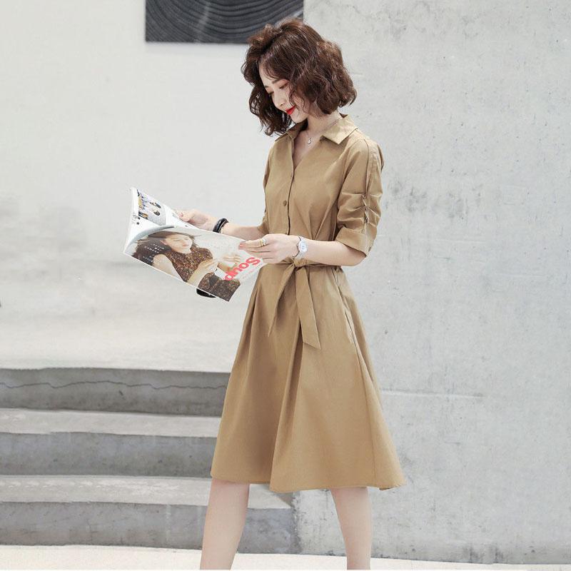 Spring Summer Women's Shirt Dress Mid-length Skirt Ladies Professional Wear All-match Long-sleeved Solid Color Dress