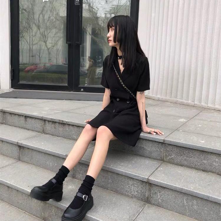 Black Dress Women's Cool Girl Summer Dress Short Sleeve Turn-down Collar Knee-length Daily Wear Office Dating Party