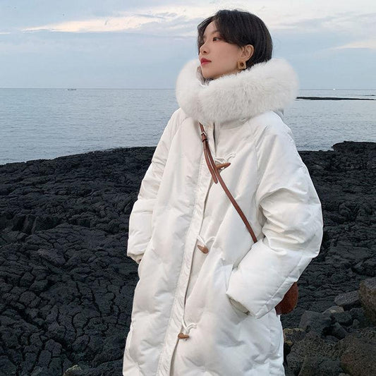 Large Fur Collar White Duck Down Jacket Women Mid-length Loose Thick Women's Winter Coat