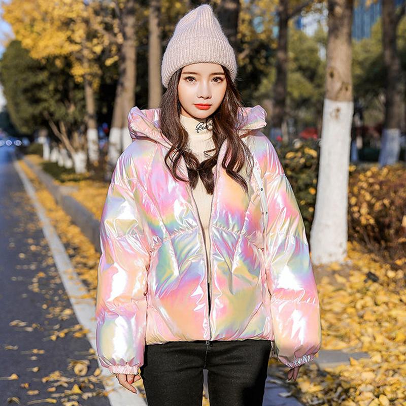 Women's Bright Print Short Down Jacket Winter Korean Loose Quilted Jacket Casual Stand-up Collar Hooded Down Jacket Quilted Jacket