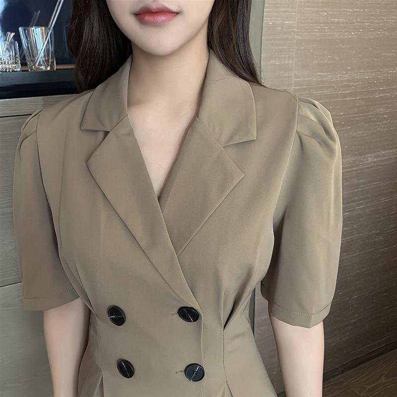 Summer Waist Thin Suit Collar Dress All-match Temperament Can Be Salty or Sweet Midi Skirt Women's Solid Color Casual A-line Skirt