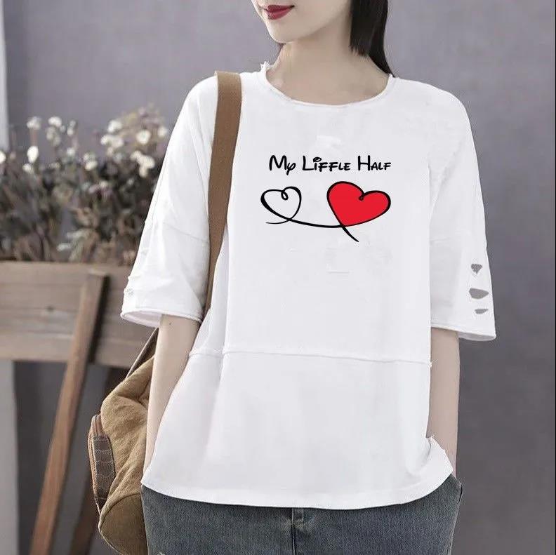 Women Cotton T-shirt Large Size Short Sleeve Shirt Heart Print Casual Pullover