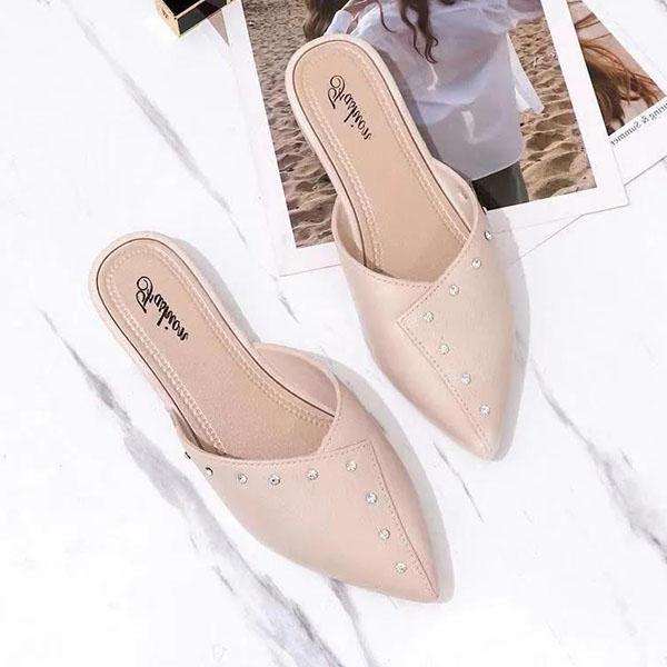 Women's Spring Solid Color Low Heel Rhinestones Single Shoes Office Ladies Summer Autumn Large Size Non-slip Baotou Slippers