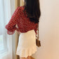 Floral V-neck Wood Ear Edge Trumpet Sleeve Seven Sleeve Chiffon Shirt, Women's Summer Korean Loose Top Trend