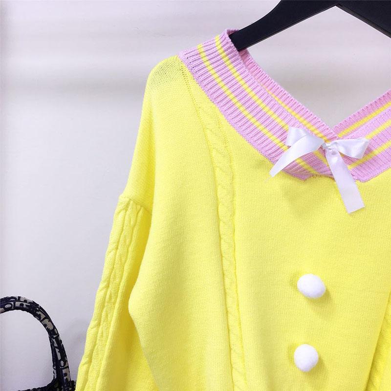 Spring and Autumn Short Sweater Puff Sleeve Waist All-match Blouse Sweet Style V-neck Female Blouse