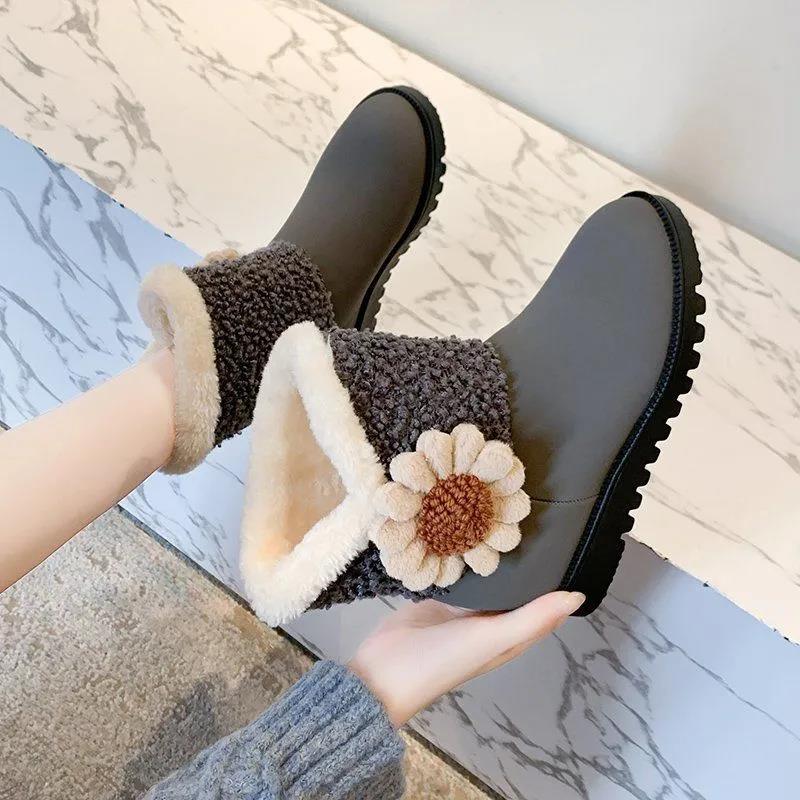 Women's Winter Short Martin Boots Autumn Leather Suede Low Heel Cotton Shoes Solid Color Warm Snow Boots