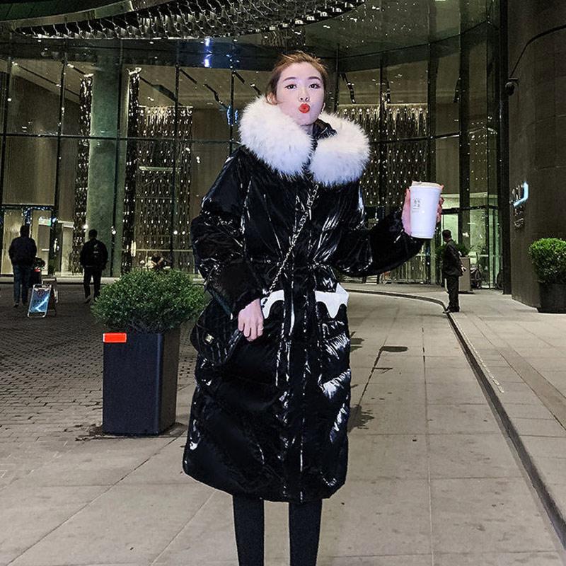 Glossy Down Padded Jacket Women Winter Korean Version of Loose Large Fur Collar Mid-length Over The Knee Thick Warm Jacket
