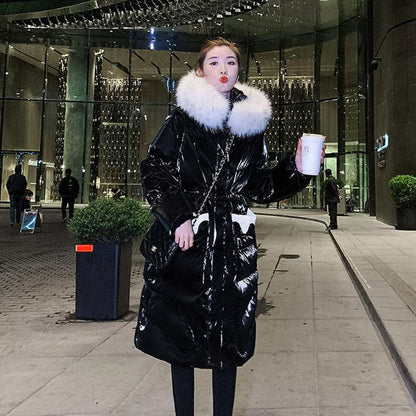 Glossy Down Padded Jacket Women Winter Korean Version of Loose Large Fur Collar Mid-length Over The Knee Thick Warm Jacket