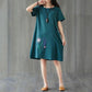 Women's Summer Cotton Hemp Loose Large Size Embroidered Dress Short Sleeve Solid Color Casual Mid-length Dress