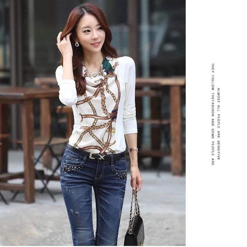 Plus Velvet Long-sleeve T-shirt Spring Print Slim Bottoming Shirt  Cotton Heaps Collar Pullover Top