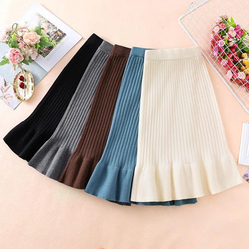 Skirts Womens Knitted Skirt Female Spring Hip Skirts Solid Color Mid-length Wool Skirt Stretchy Ruffled Mermaid Skirts