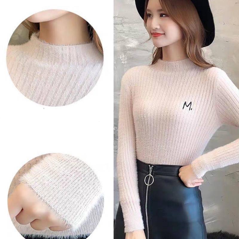 Pofulove waterproof mink half turtleneck sweater women long-sleeved winter fit bottoming shirt women