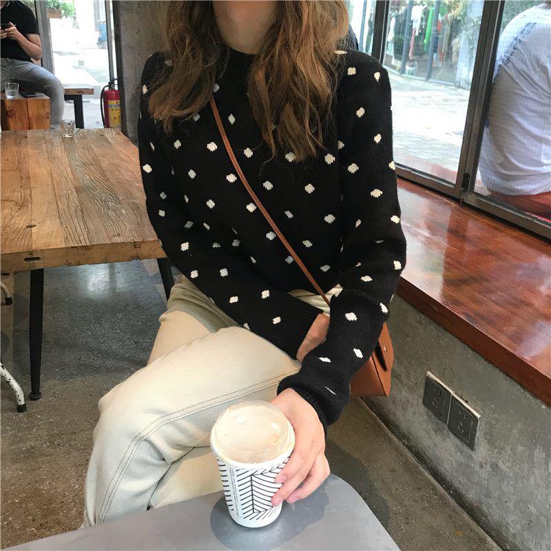 Autumn and Winter Knitted Jacket Long-sleeved Loose All-match Jacket Short Spotted Women's Bottoming Shirt