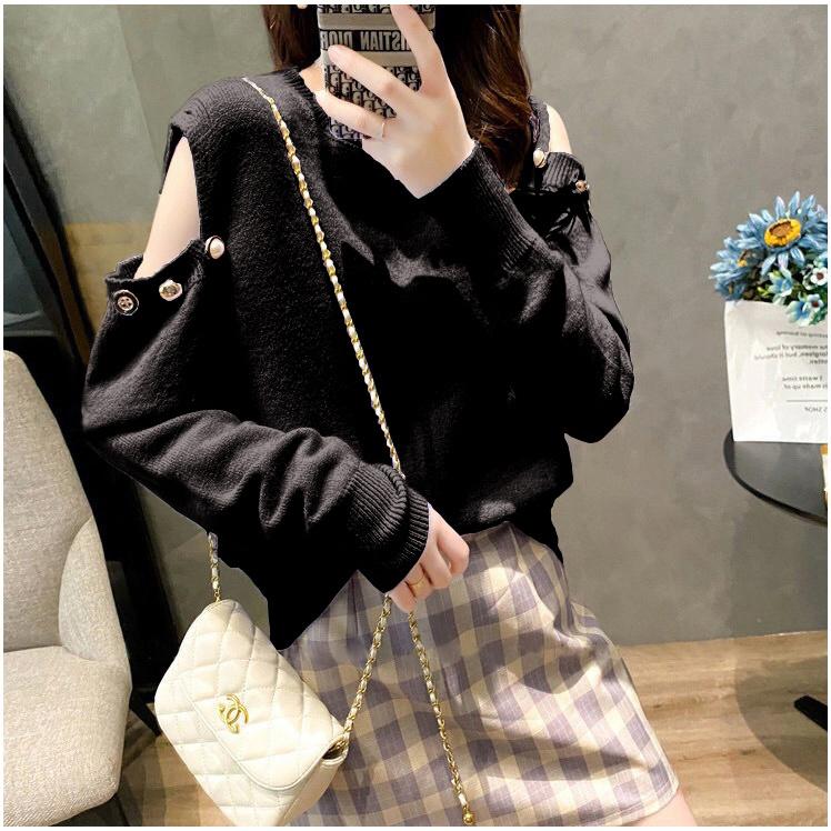 Off-the-shoulder Two-wear Pullover Solid Color Loose Knit Sweater Women's College Style Round Neck Top