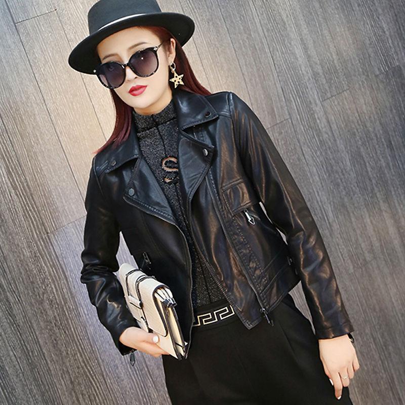 Short Women's Leather Jacket Autumn and Winter Large Size Washed Ladies Pu Leather Jacket Motorcycle Leather Jacket