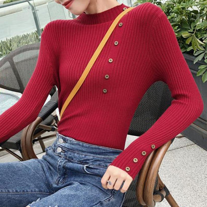 Long-sleeved Casual Bottoming Sweater Women's Spring and Autumn Thin Slim Half Turtleneck Buttoned Sweater Short Style Top