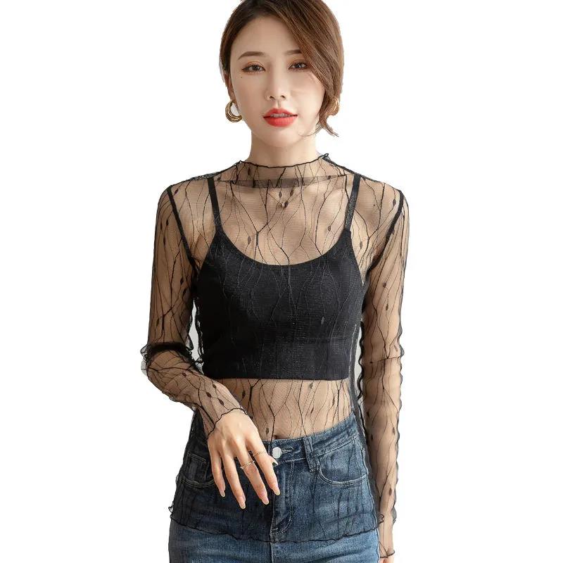 Sexy Mesh Transparent Blouses Tops Clothing Unlined Upper Garment Long Sleeve Net Build pullover