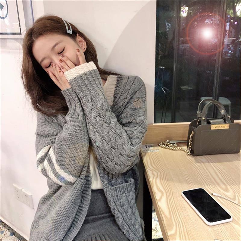 Pofulove Women's Autumn Winter Knit Cardigan Jacket Women Loose Students V-neck Cardigan Sweater