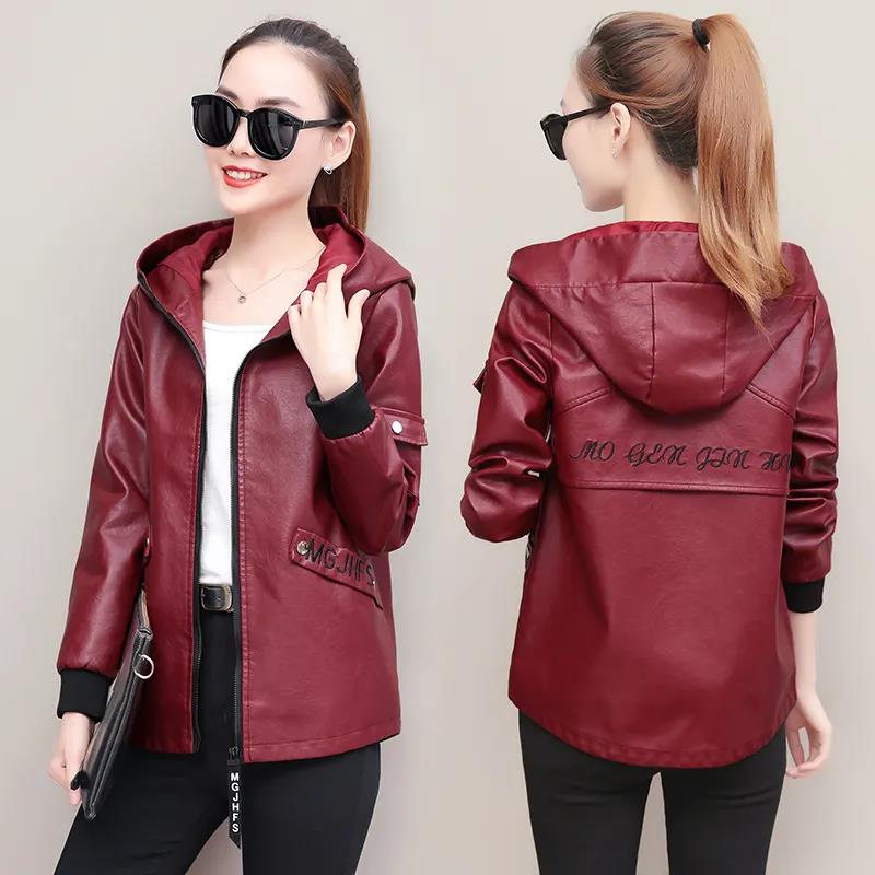 Autumn and Winter Fashion Slim Hooded Leather Ladies Short Jacket Pu Jacket Women's Motorcycle Jacket