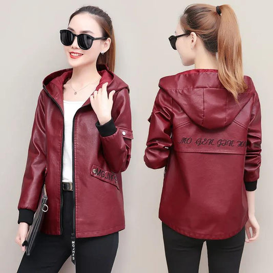 Autumn and Winter Fashion Slim Hooded Leather Ladies Short Jacket Pu Jacket Women's Motorcycle Jacket