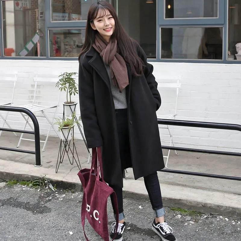 Woolen Coat Women Autumn and Winter Loose Mid-length Black Thick Woolen Coat