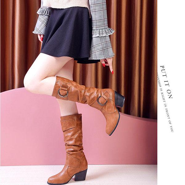 Leather Buckle High-heel Knee-High Boots Women's Leather High Boots Thick-heeled Knight Boots Plus Size 35-43 Cowboy Boots
