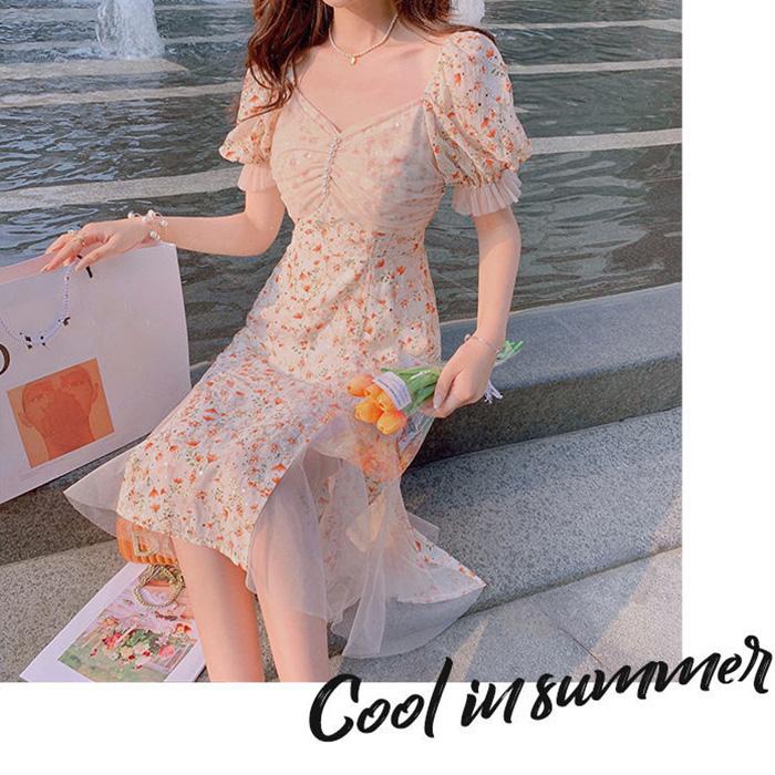 Net Yarn Splicing Floral Short Sleeve Mermaid Skirt  Women's Summer Dress Printing Knee-length Daily Wear Office Dating Party
