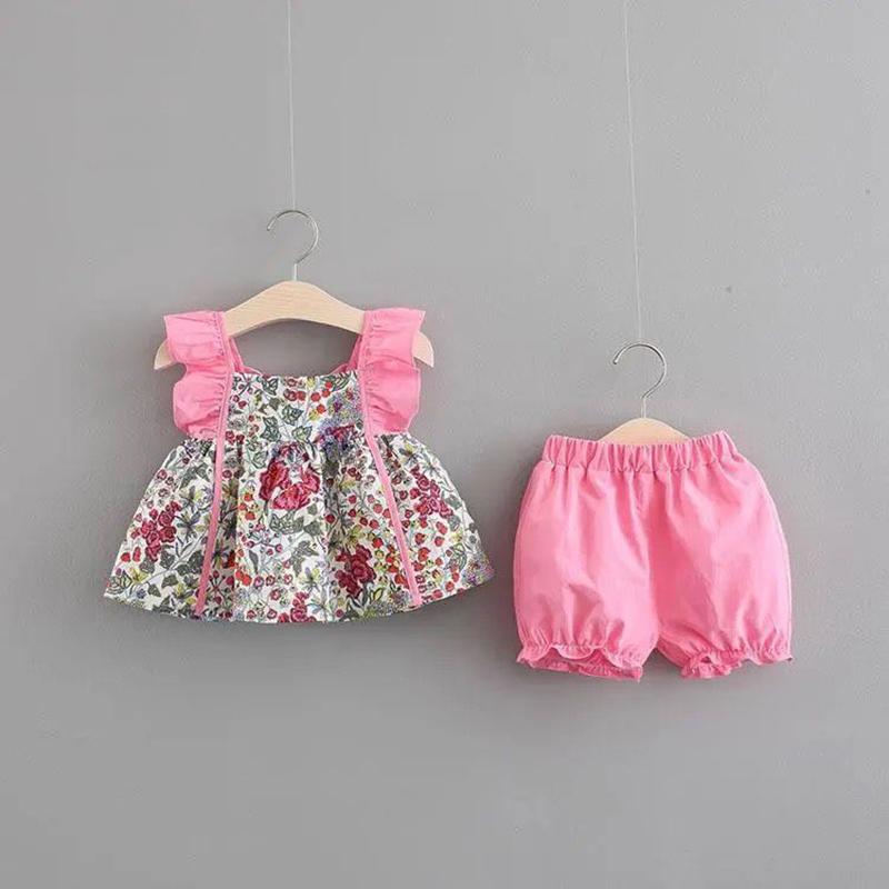 Girls' Clothing Suits Two-piece Cotton Floral Two-piece Sleeveless Children's Suits Casual Fashion Girls' Clothes Suits