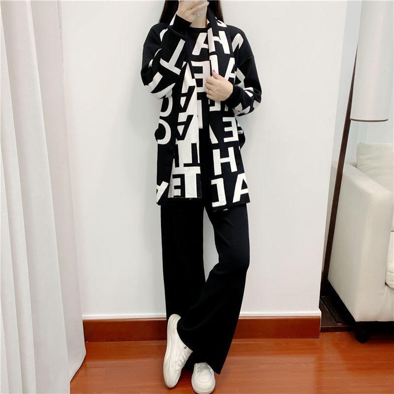 3pcs/set Knit Suit Women's Causul Letters Printed Knitted Sweater + Scarf+Knitted Pants 3 Piece Set Ladies Outfits Autumn Spring