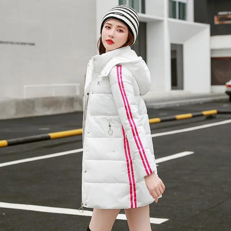 Women Winter Thickening Coats Hooded Jackets Stripes Plus Size Warm Mid-length Slim Padded Jacket Medium Long Bright Color Girls Student Coat