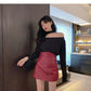 Women PU Leather Skirt Red/Black Faux Leather Skirts Office Lady Knee Length Bodycon Midi Skirt