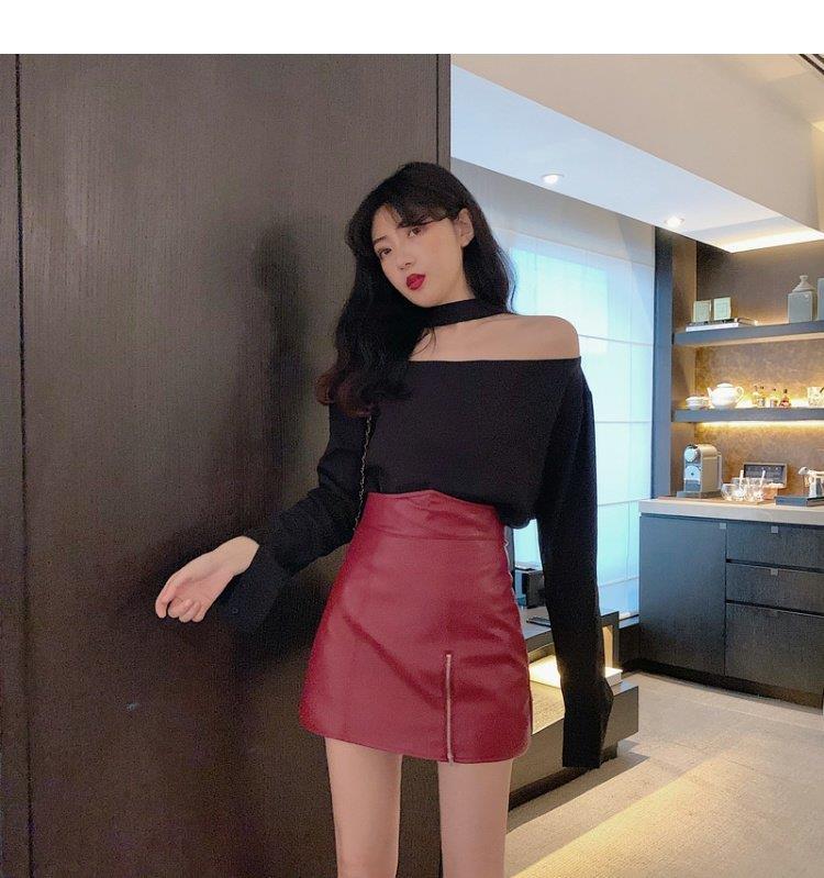 Women PU Leather Skirt Red/Black Faux Leather Skirts Office Lady Knee Length Bodycon Midi Skirt
