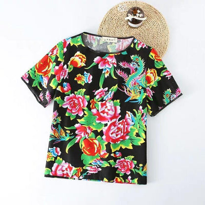 Chinese Style Printed Clothes Safflower T-shirt Lovers Personality Trend Top
